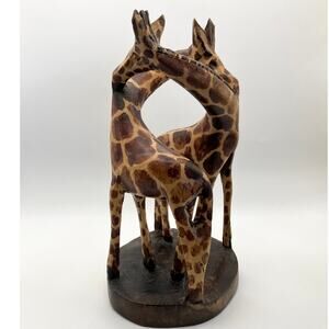 VTG Hand Carved Wooden 8" tall Giraffe Couple Sculpture African Folk Art Statue